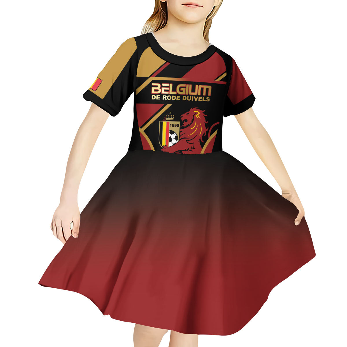 Custom Belgium Football Kid Short Sleeve Dress Bold National Colors With Lion Crest