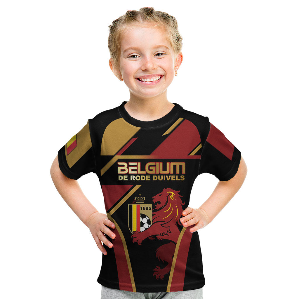 Custom Belgium Football Kid T Shirt Bold National Colors With Lion Crest