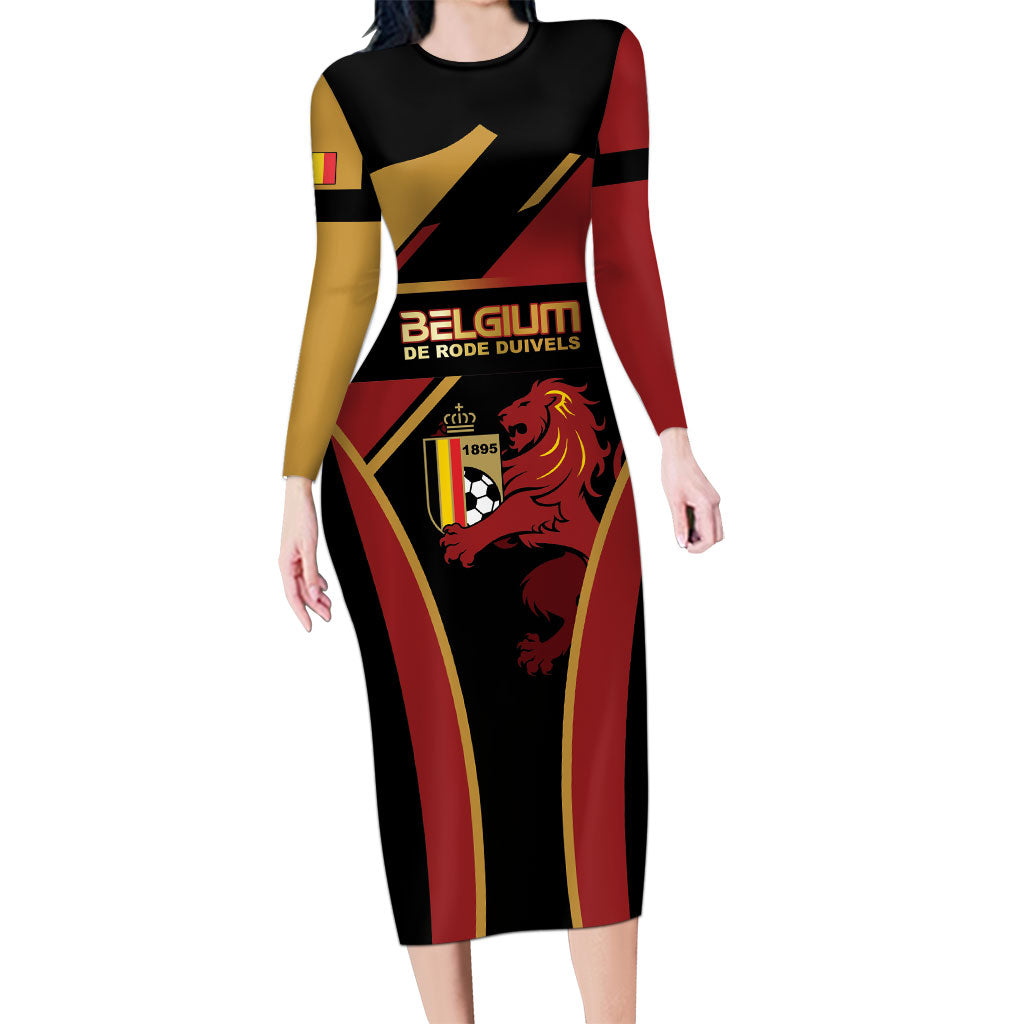 Custom Belgium Football Long Sleeve Bodycon Dress Bold National Colors With Lion Crest