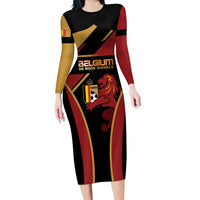 Custom Belgium Football Long Sleeve Bodycon Dress Bold National Colors With Lion Crest