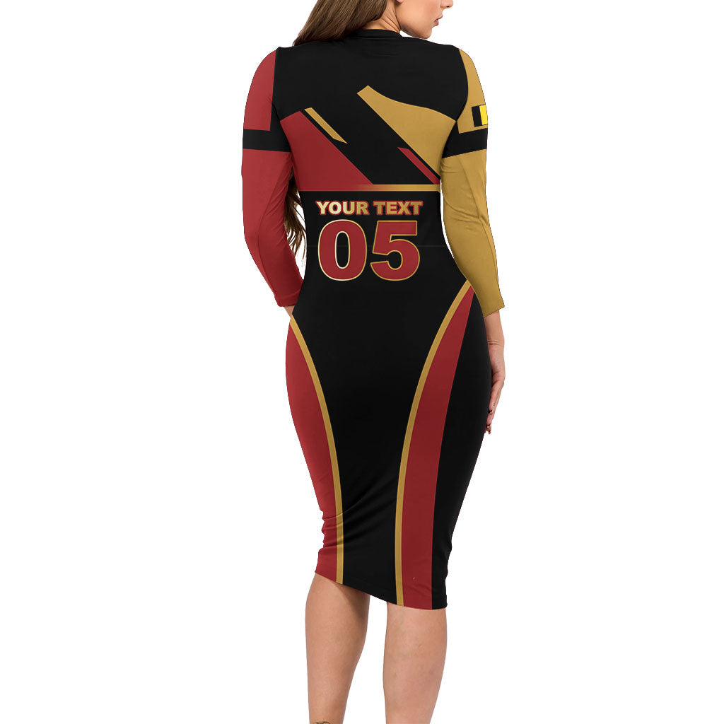 Custom Belgium Football Long Sleeve Bodycon Dress Bold National Colors With Lion Crest