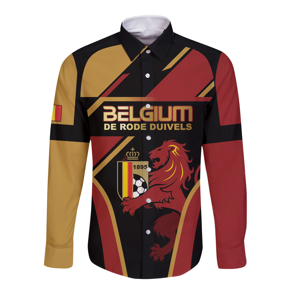 Custom Belgium Football Long Sleeve Button Shirt Bold National Colors With Lion Crest