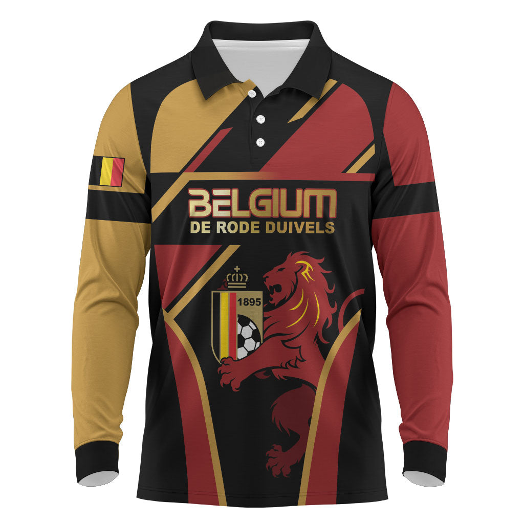 Custom Belgium Football Long Sleeve Polo Shirt Bold National Colors With Lion Crest
