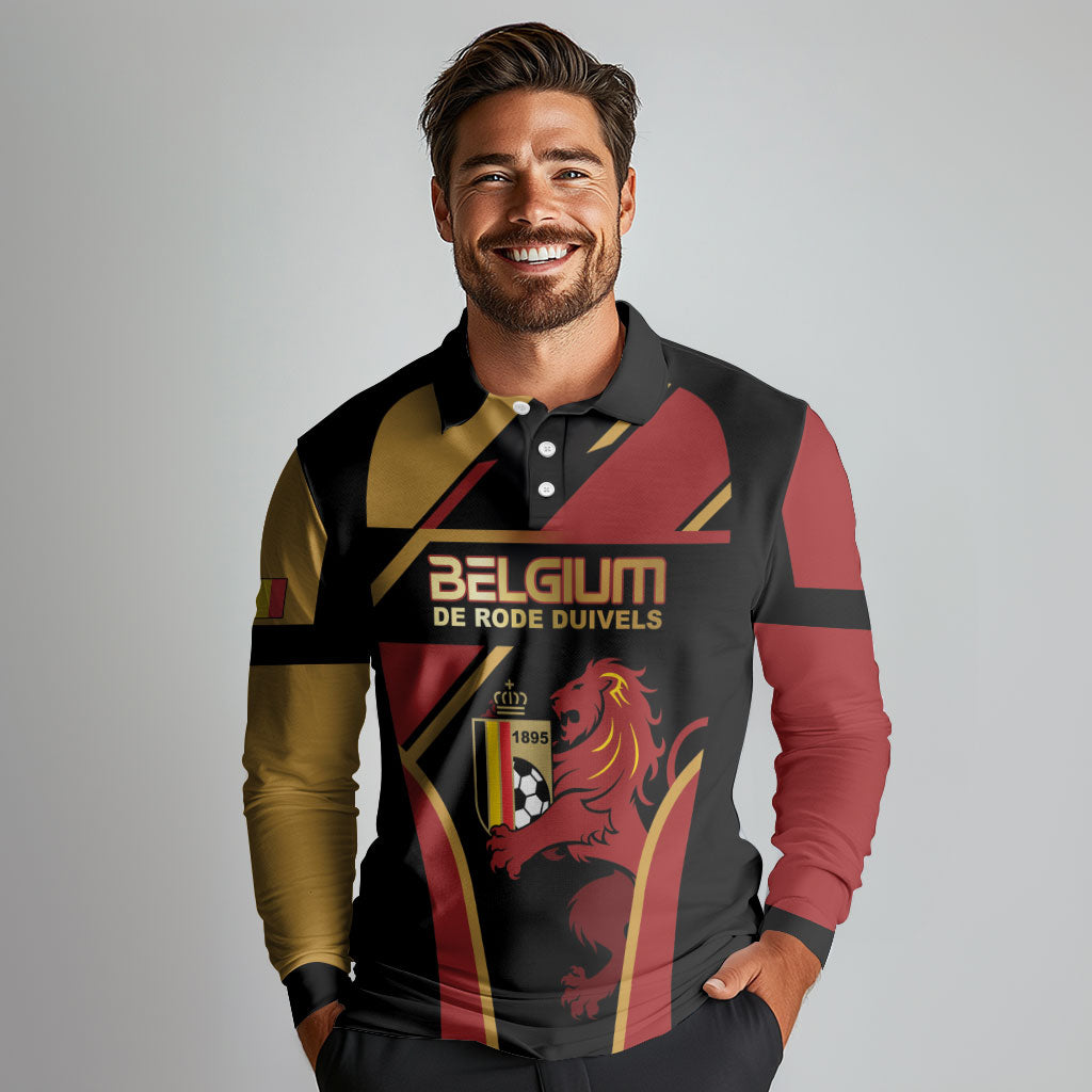 Custom Belgium Football Long Sleeve Polo Shirt Bold National Colors With Lion Crest