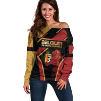 Custom Belgium Football Off Shoulder Sweater Bold National Colors With Lion Crest
