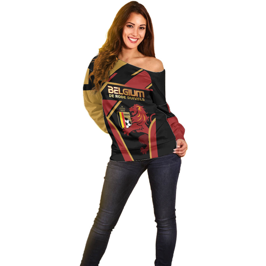 Custom Belgium Football Off Shoulder Sweater Bold National Colors With Lion Crest