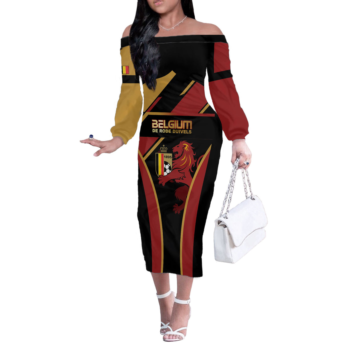 Custom Belgium Football Off The Shoulder Long Sleeve Dress Bold National Colors With Lion Crest