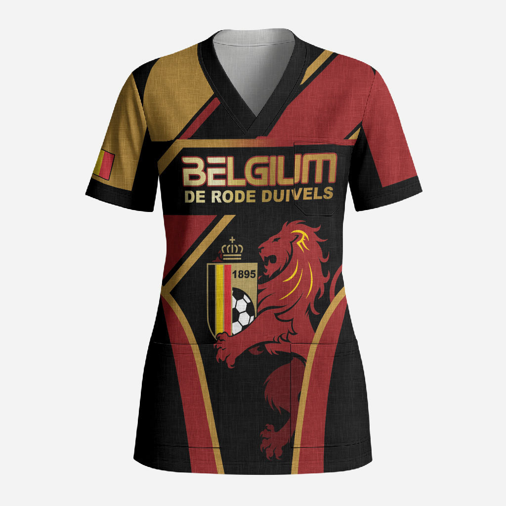 Custom Belgium Football Scrub Top Bold National Colors With Lion Crest