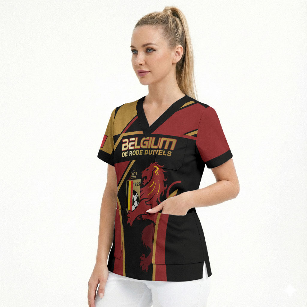 Custom Belgium Football Scrub Top Bold National Colors With Lion Crest