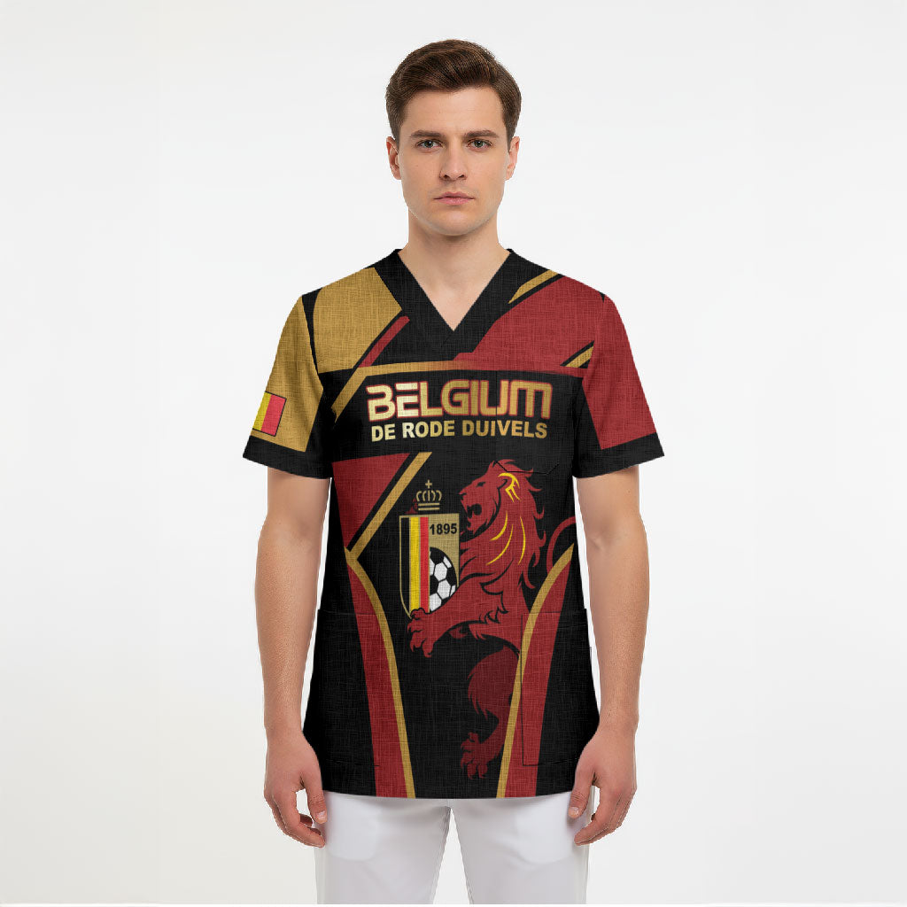 Custom Belgium Football Scrub Top Bold National Colors With Lion Crest