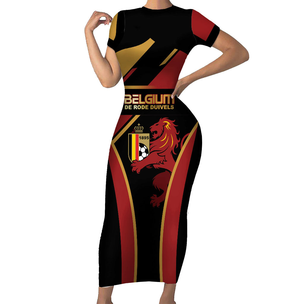 Custom Belgium Football Short Sleeve Bodycon Dress Bold National Colors With Lion Crest