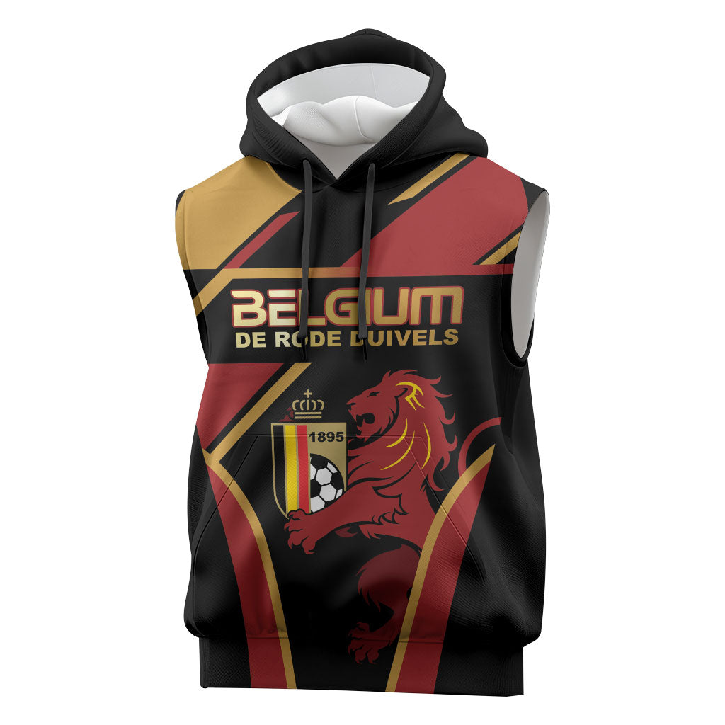Custom Belgium Football Sleeveless Hoodie Bold National Colors With Lion Crest