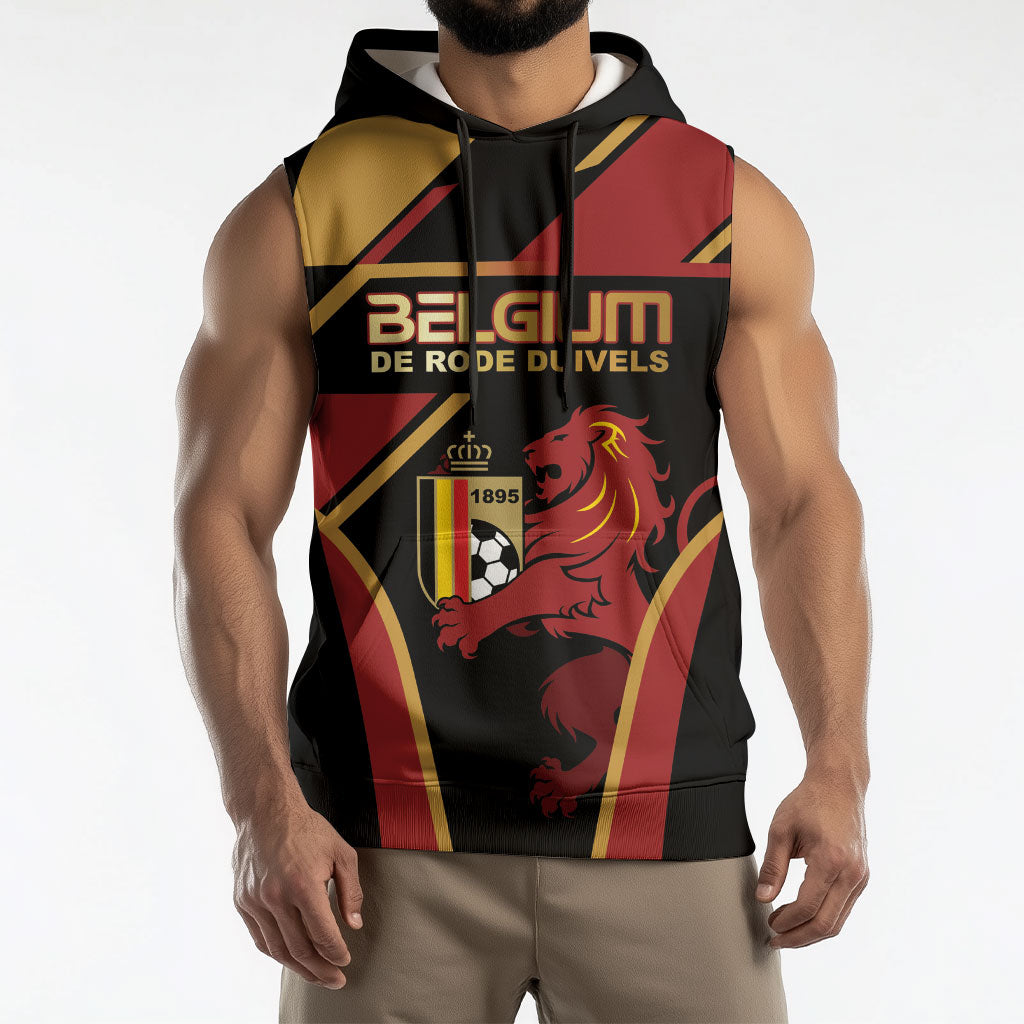 Custom Belgium Football Sleeveless Hoodie Bold National Colors With Lion Crest