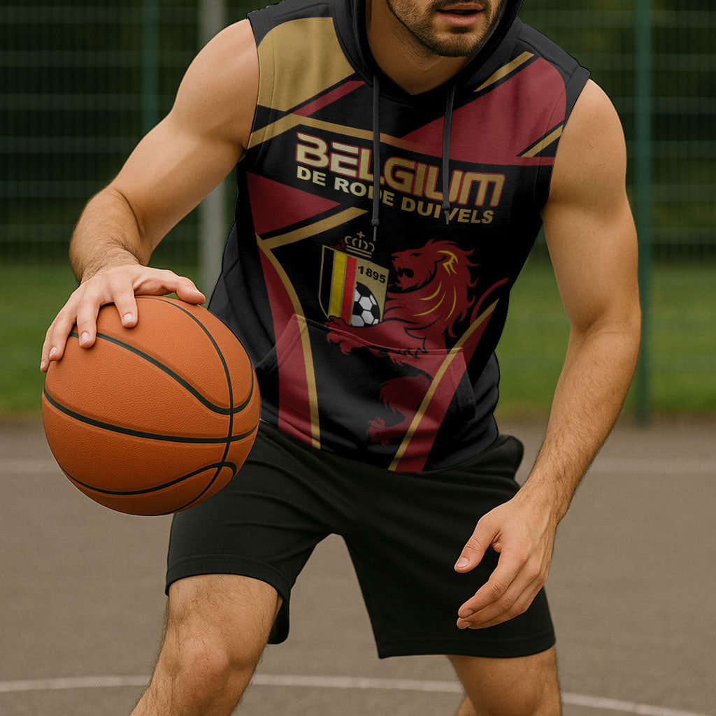 Custom Belgium Football Sleeveless Hoodie Bold National Colors With Lion Crest