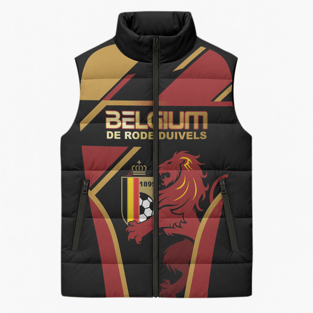 Custom Belgium Football Sleeveless Puffer Jacket Bold National Colors With Lion Crest