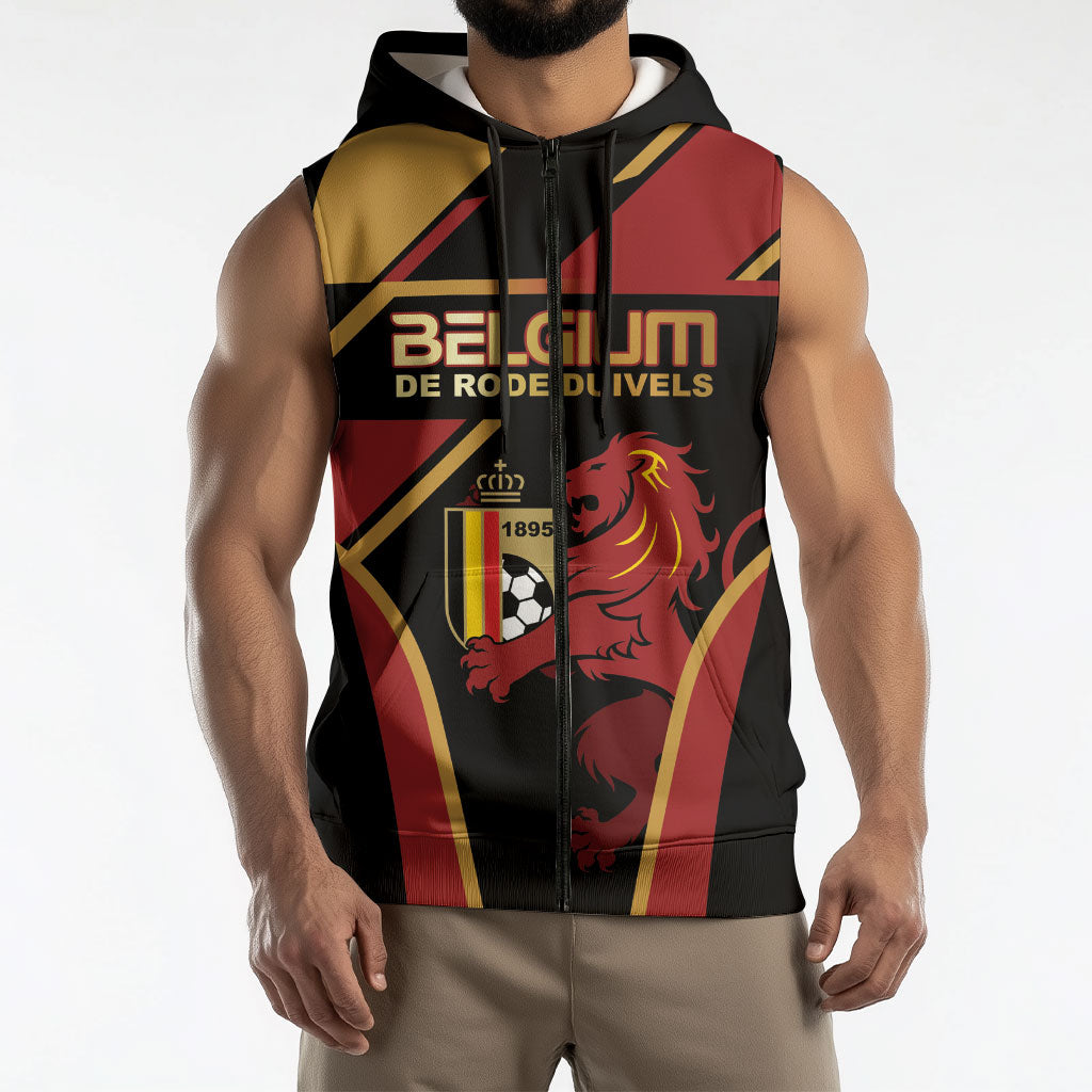 Custom Belgium Football Sleeveless Zip Hoodie Bold National Colors With Lion Crest