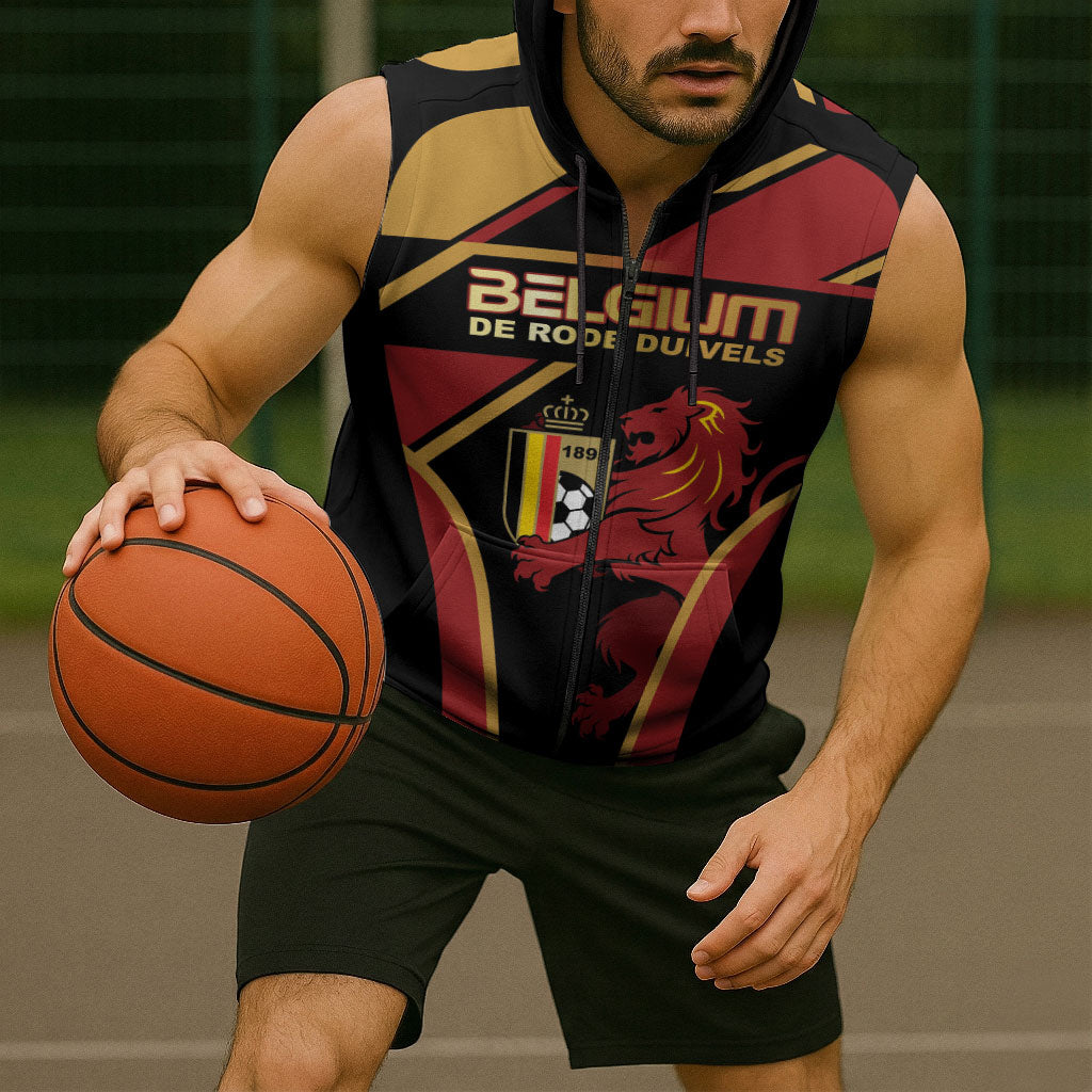 Custom Belgium Football Sleeveless Zip Hoodie Bold National Colors With Lion Crest