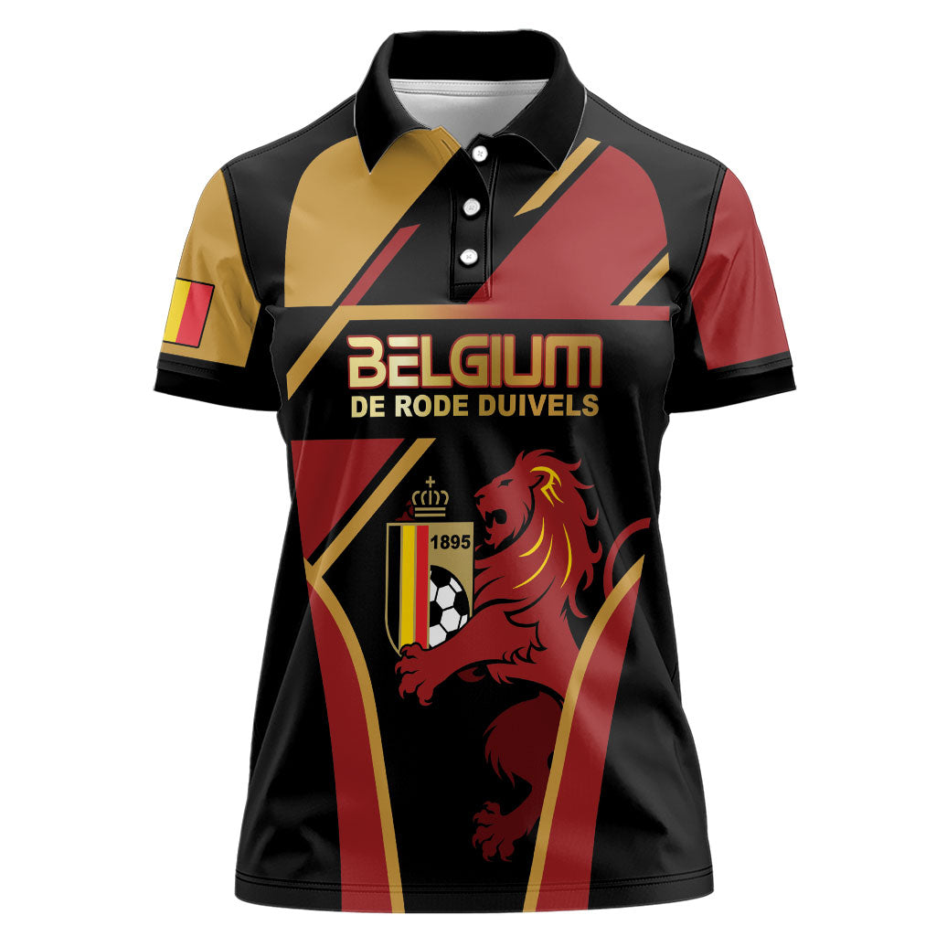 Custom Belgium Football Women Polo Shirt Bold National Colors With Lion Crest