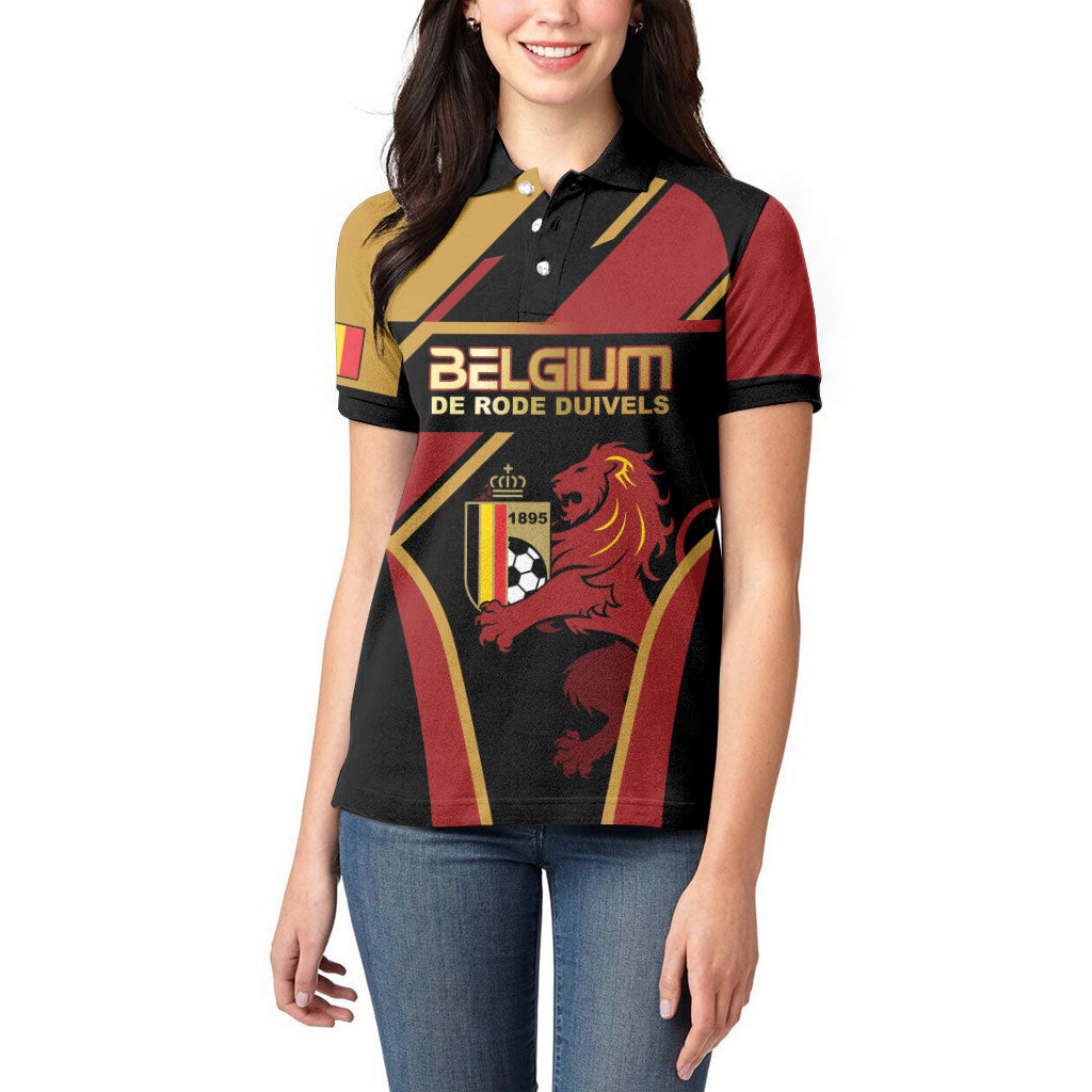 Custom Belgium Football Women Polo Shirt Bold National Colors With Lion Crest
