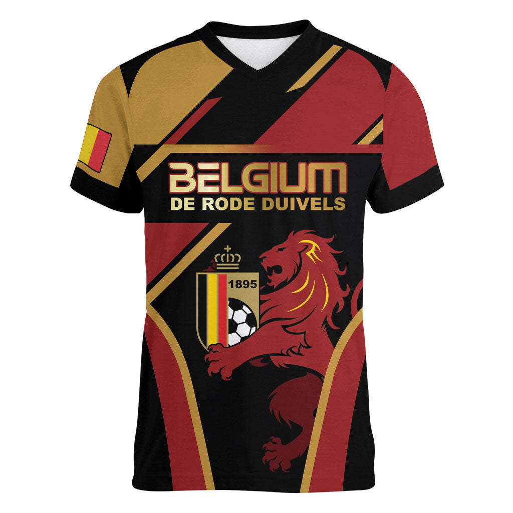 Custom Belgium Football Women V-Neck T-Shirt Bold National Colors With Lion Crest