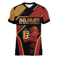 Custom Belgium Football Women V-Neck T-Shirt Bold National Colors With Lion Crest