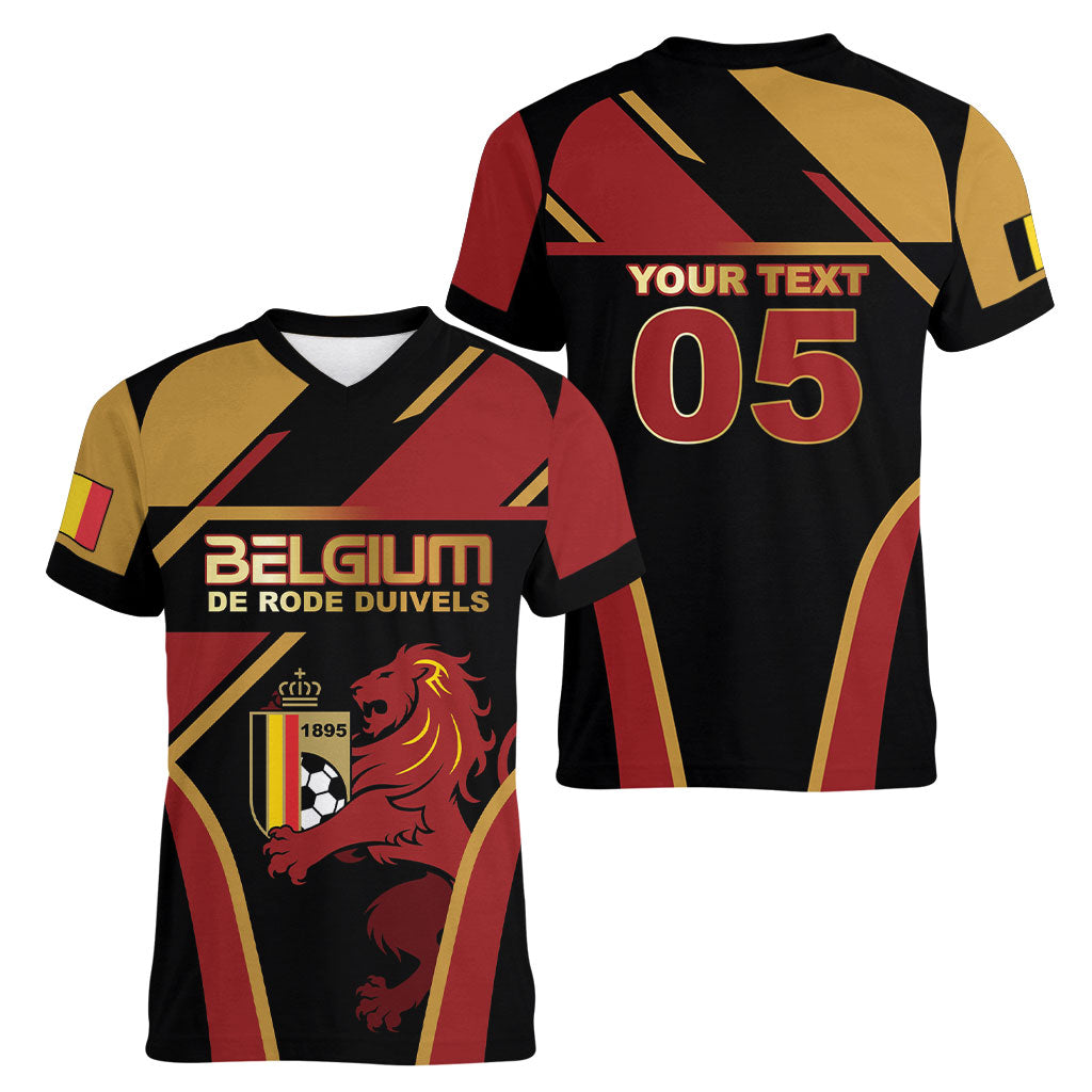 Custom Belgium Football Women V-Neck T-Shirt Bold National Colors With Lion Crest