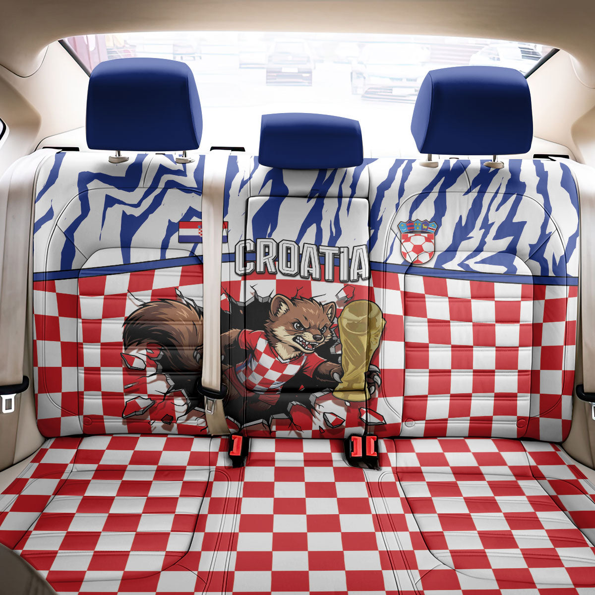 Croatia Football Back Car Seat Cover Marten In Hole With Checkered Patterns