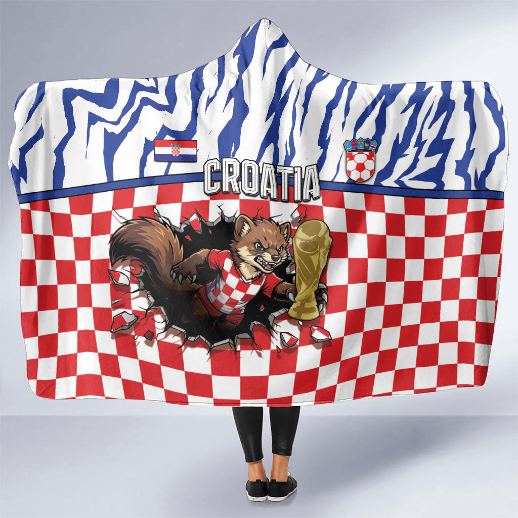 Croatia Football Hooded Blanket Marten In Hole With Checkered Patterns