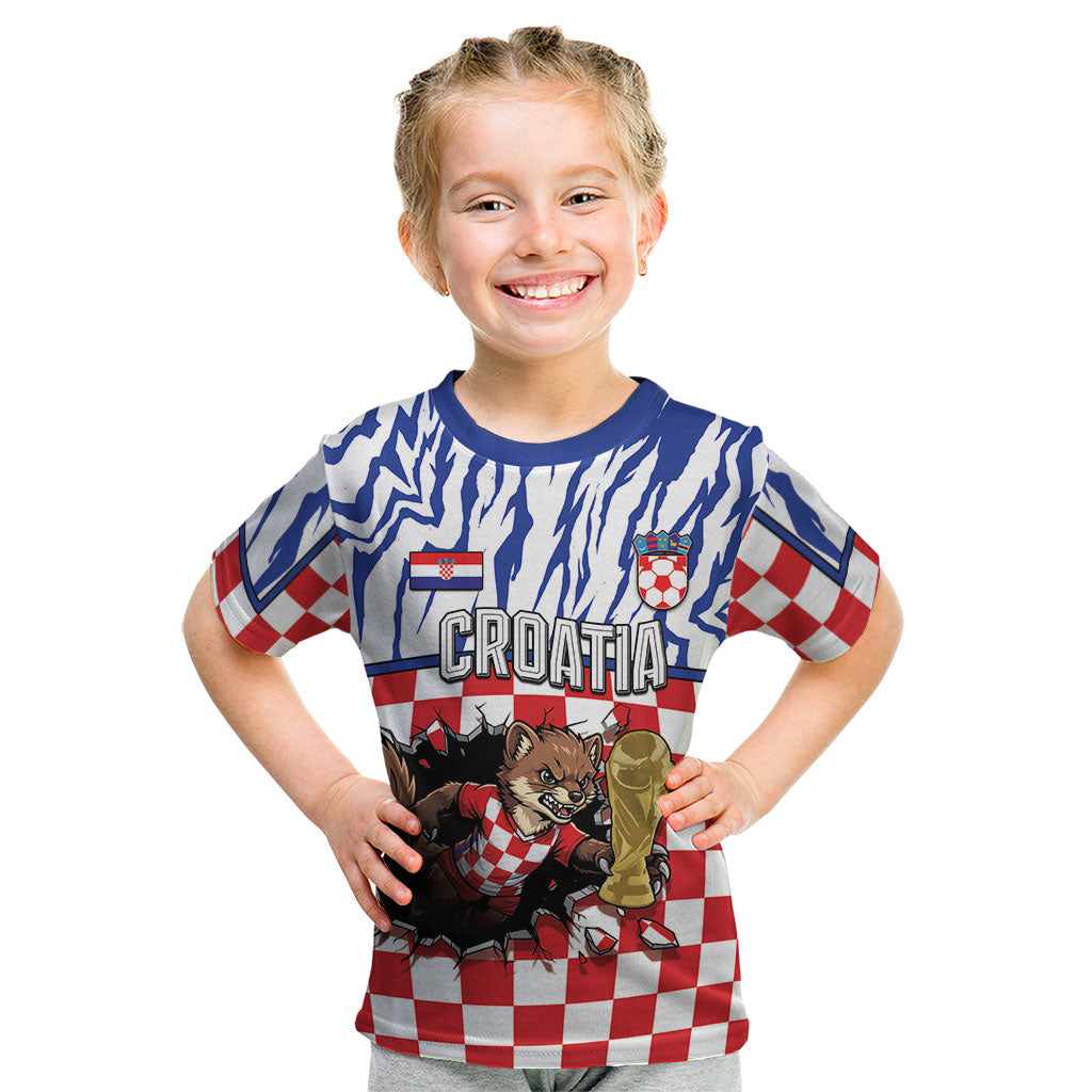 Custom Croatia Football Kid T Shirt Marten In Hole With Checkered Patterns