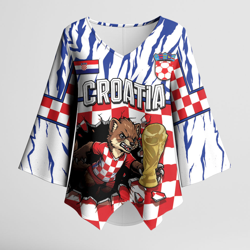 Custom Croatia Football Kimono Sleeve Blouse Marten In Hole With Checkered Patterns
