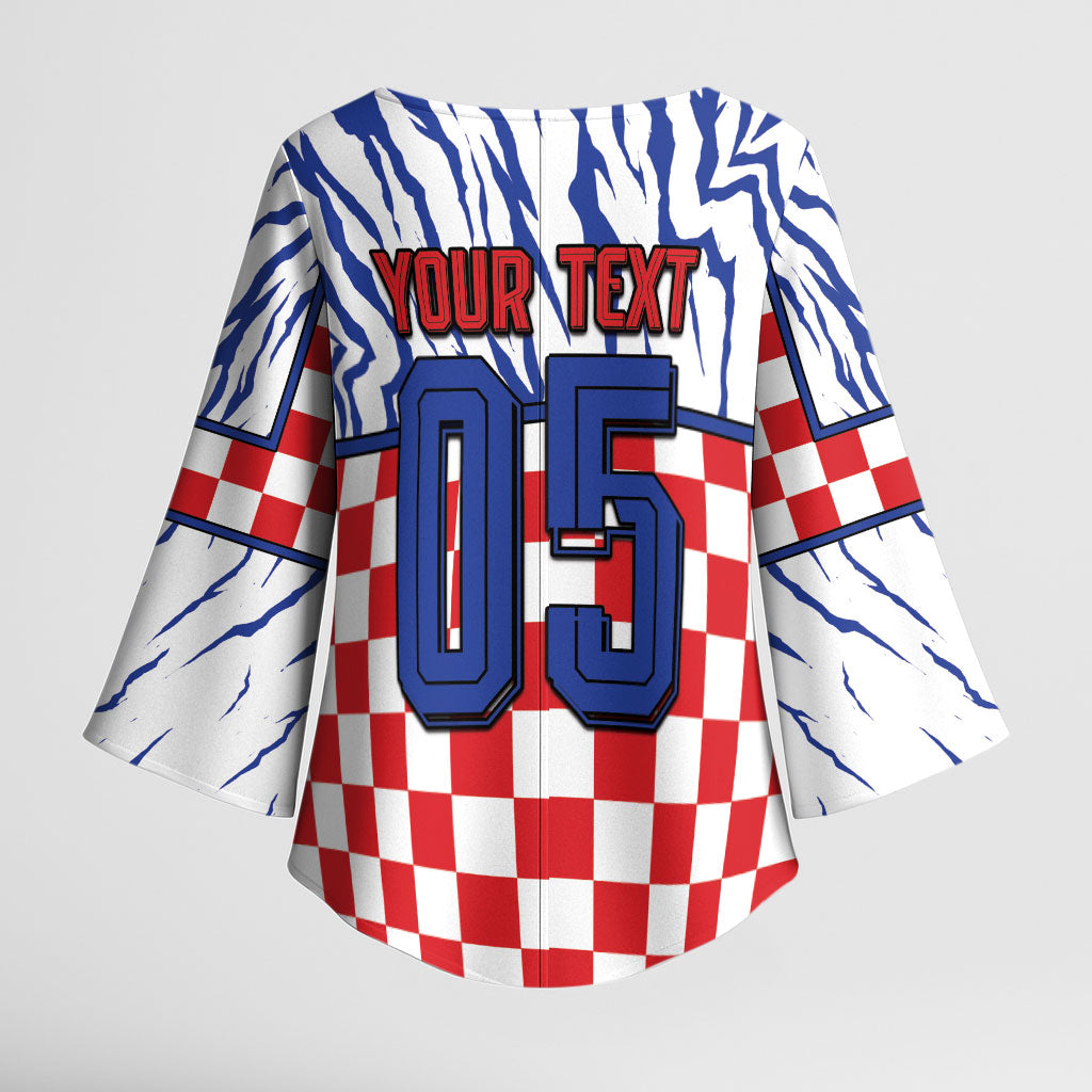 Custom Croatia Football Kimono Sleeve Blouse Marten In Hole With Checkered Patterns