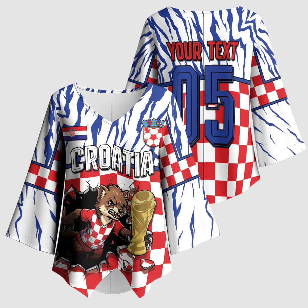 Custom Croatia Football Kimono Sleeve Blouse Marten In Hole With Checkered Patterns