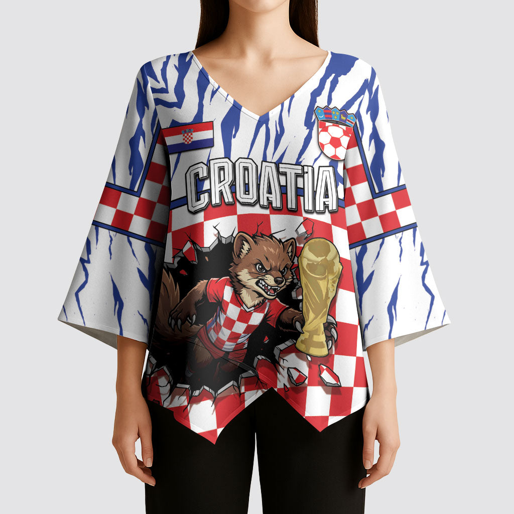 Custom Croatia Football Kimono Sleeve Blouse Marten In Hole With Checkered Patterns