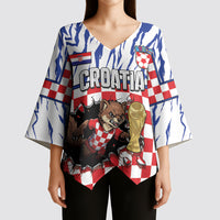 Custom Croatia Football Kimono Sleeve Blouse Marten In Hole With Checkered Patterns