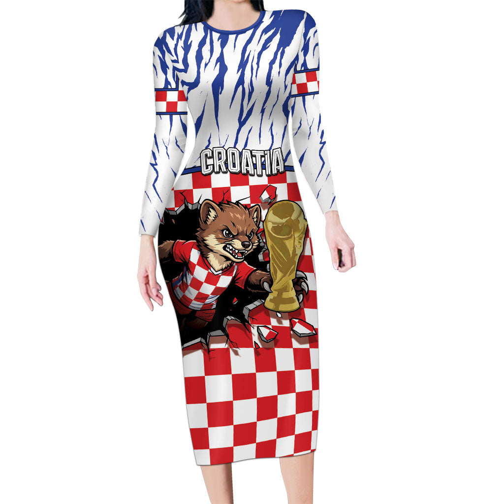 Custom Croatia Football Long Sleeve Bodycon Dress Marten In Hole With Checkered Patterns