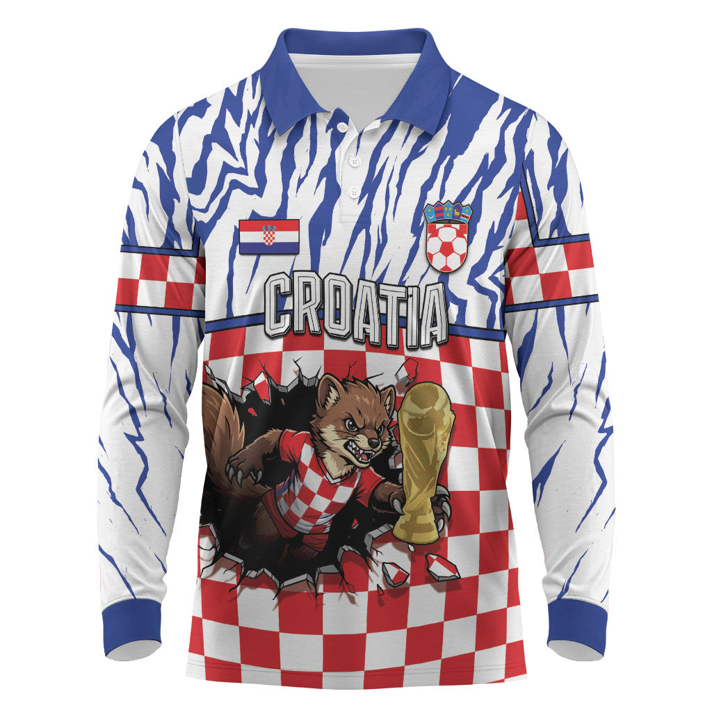 Custom Croatia Football Long Sleeve Polo Shirt Marten In Hole With Checkered Patterns