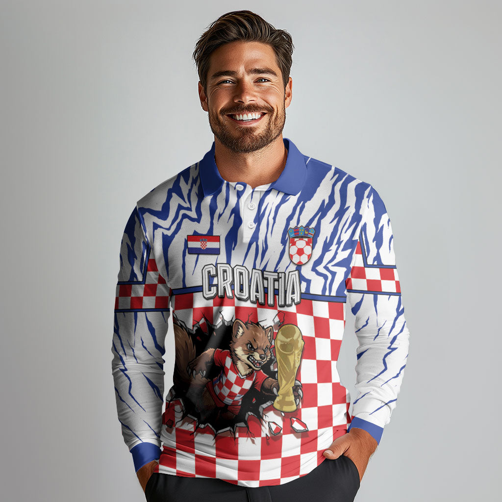 Custom Croatia Football Long Sleeve Polo Shirt Marten In Hole With Checkered Patterns
