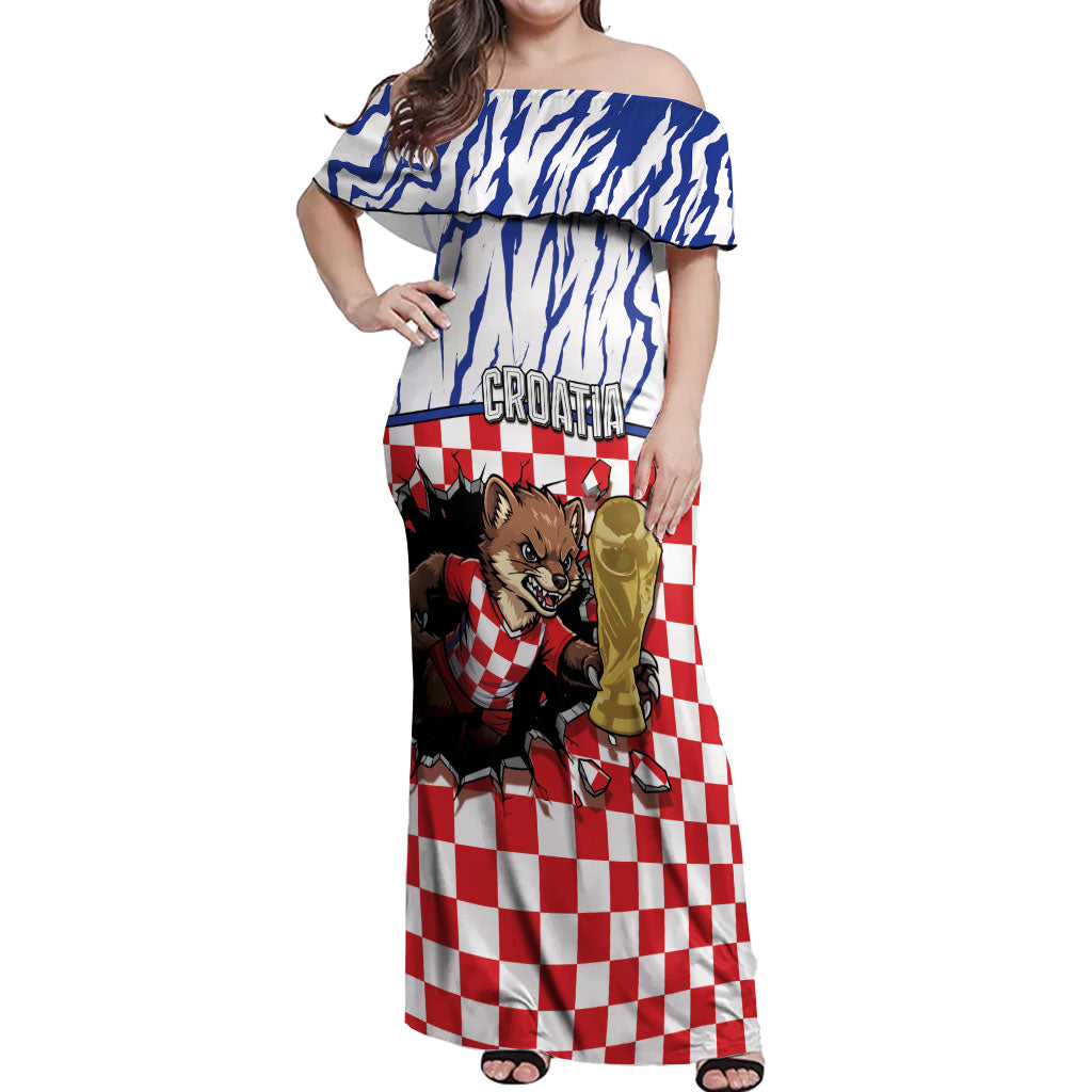 Custom Croatia Football Off Shoulder Maxi Dress Marten In Hole With Checkered Patterns
