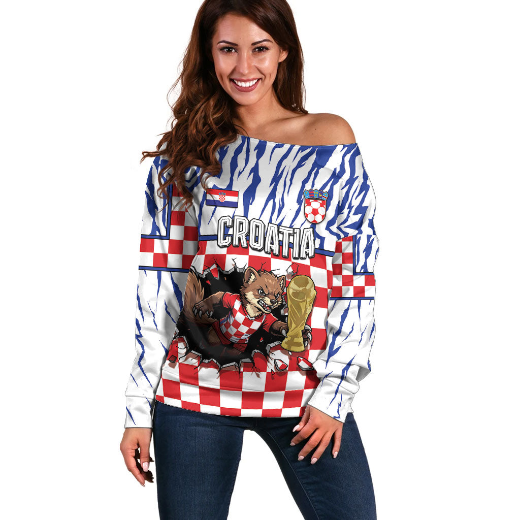 Custom Croatia Football Off Shoulder Sweater Marten In Hole With Checkered Patterns