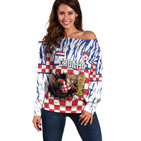 Custom Croatia Football Off Shoulder Sweater Marten In Hole With Checkered Patterns