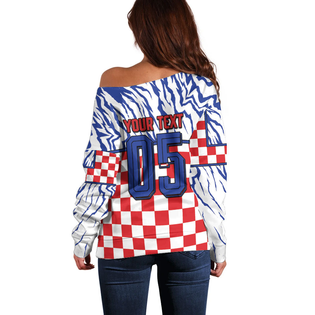 Custom Croatia Football Off Shoulder Sweater Marten In Hole With Checkered Patterns