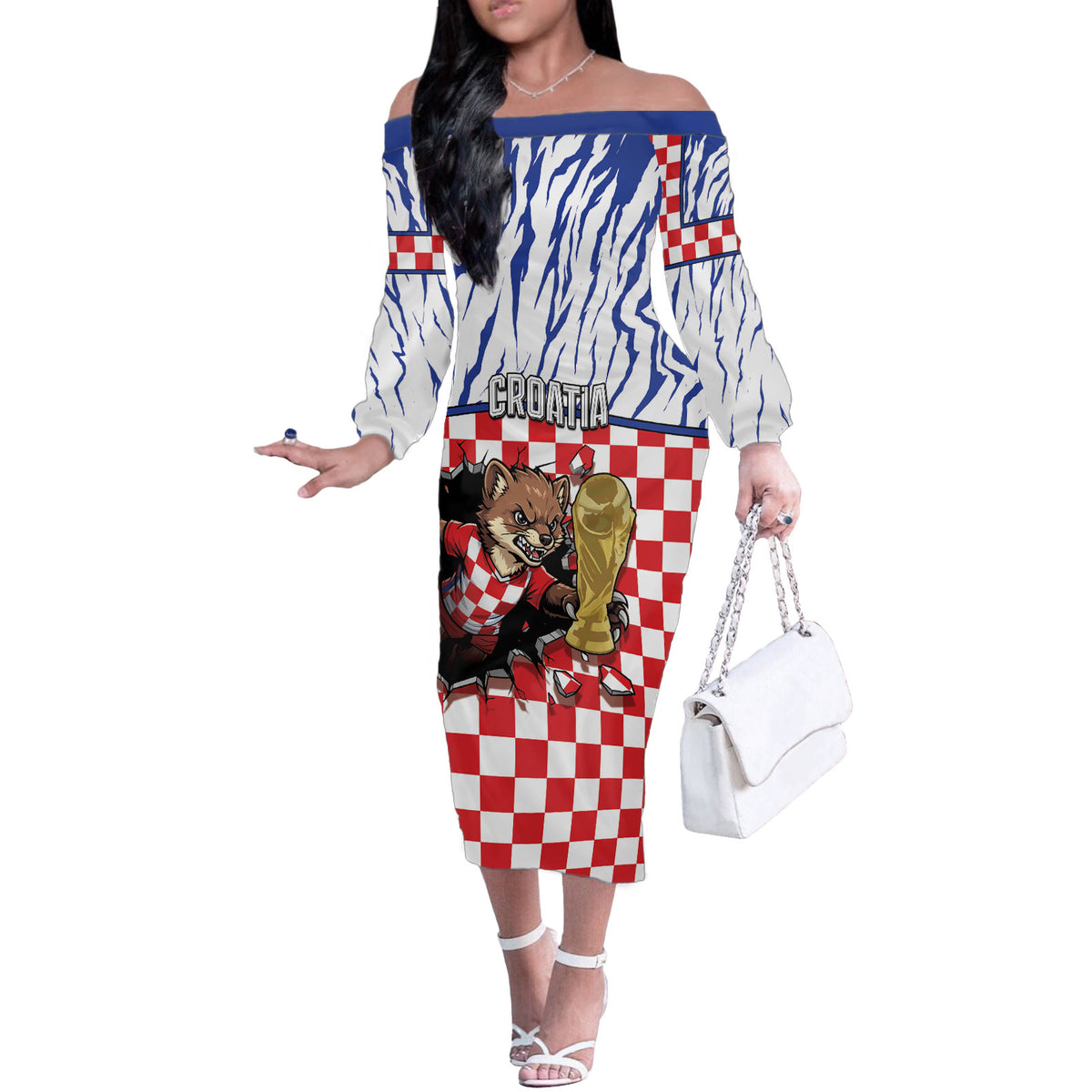 Custom Croatia Football Off The Shoulder Long Sleeve Dress Marten In Hole With Checkered Patterns