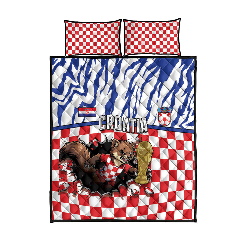 Croatia Football Quilt Bed Set Marten In Hole With Checkered Patterns