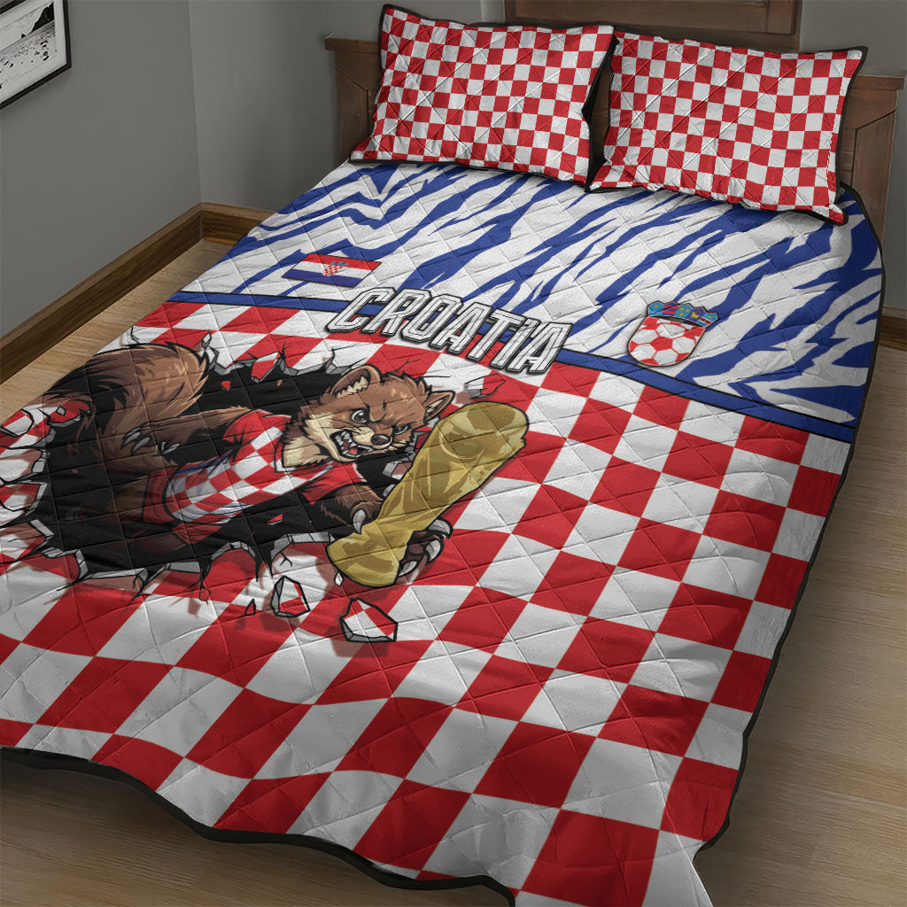 Croatia Football Quilt Bed Set Marten In Hole With Checkered Patterns