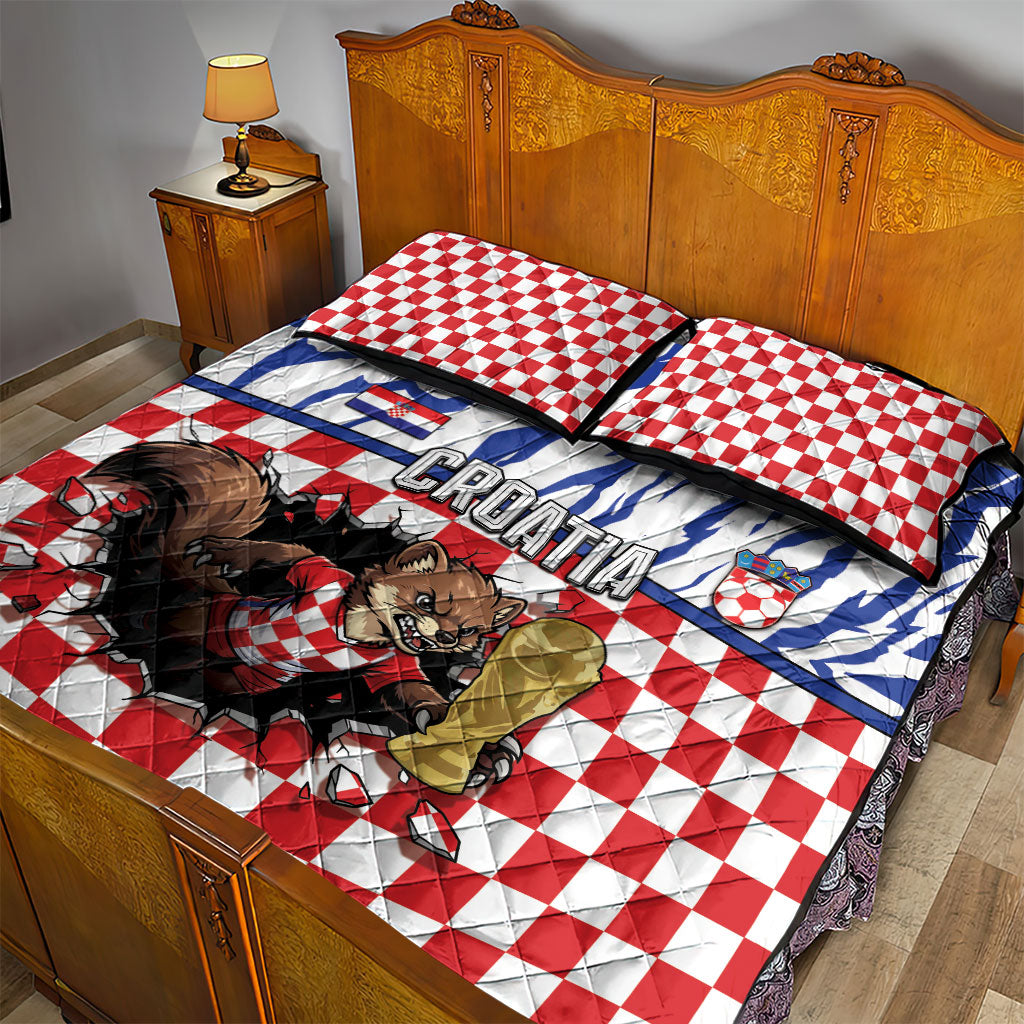 Croatia Football Quilt Bed Set Marten In Hole With Checkered Patterns