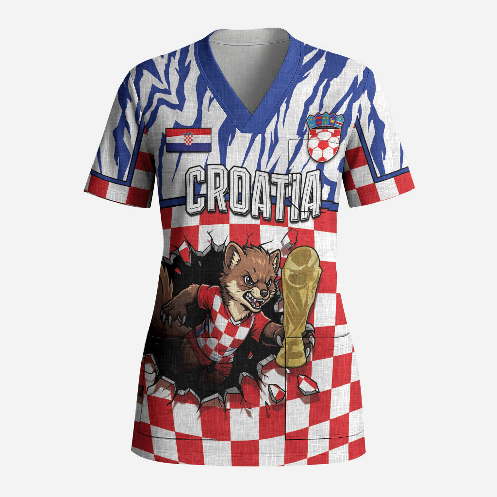 Custom Croatia Football Scrub Top Marten In Hole With Checkered Patterns