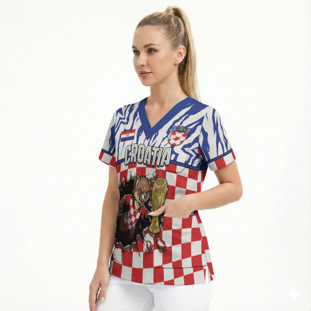 Custom Croatia Football Scrub Top Marten In Hole With Checkered Patterns