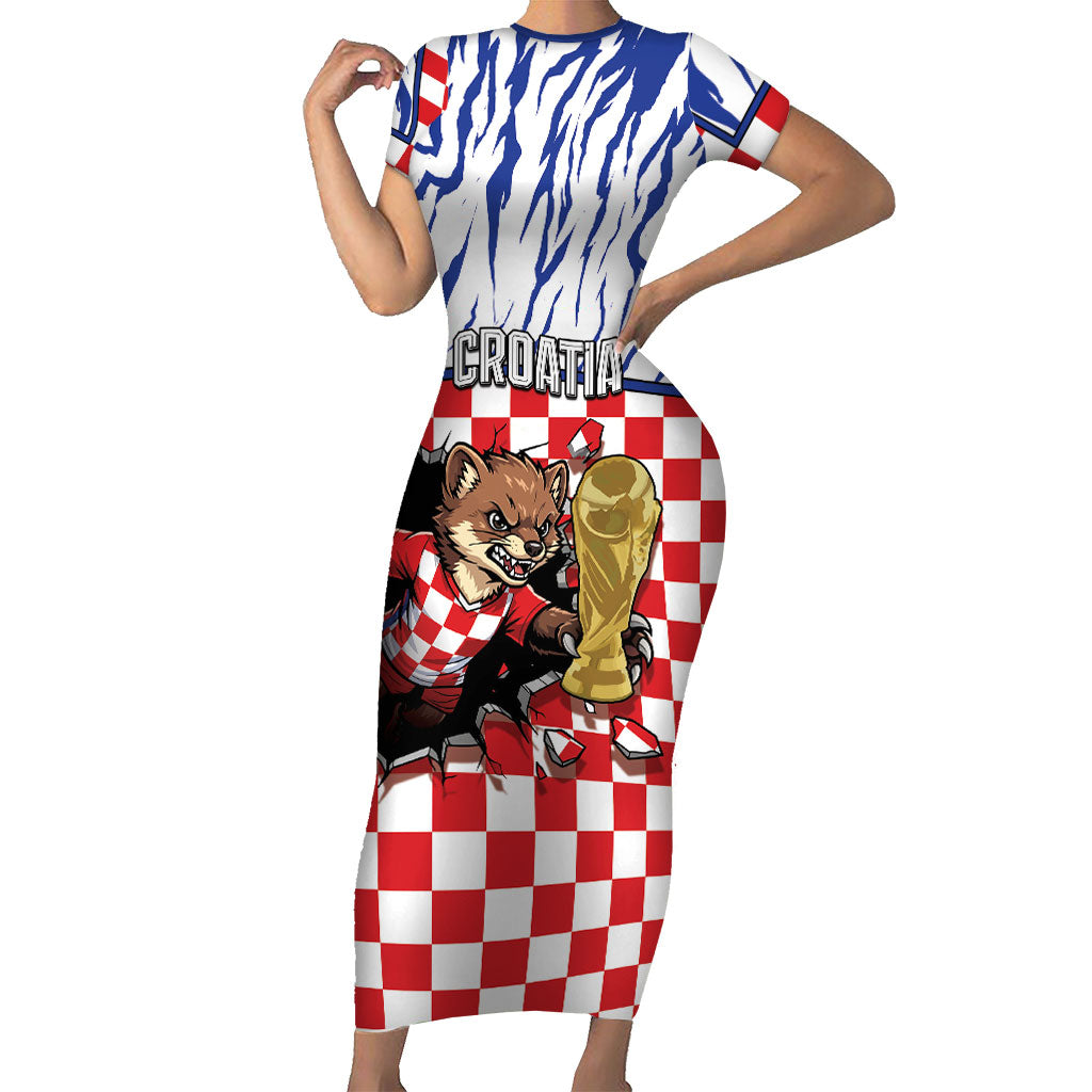 Custom Croatia Football Short Sleeve Bodycon Dress Marten In Hole With Checkered Patterns
