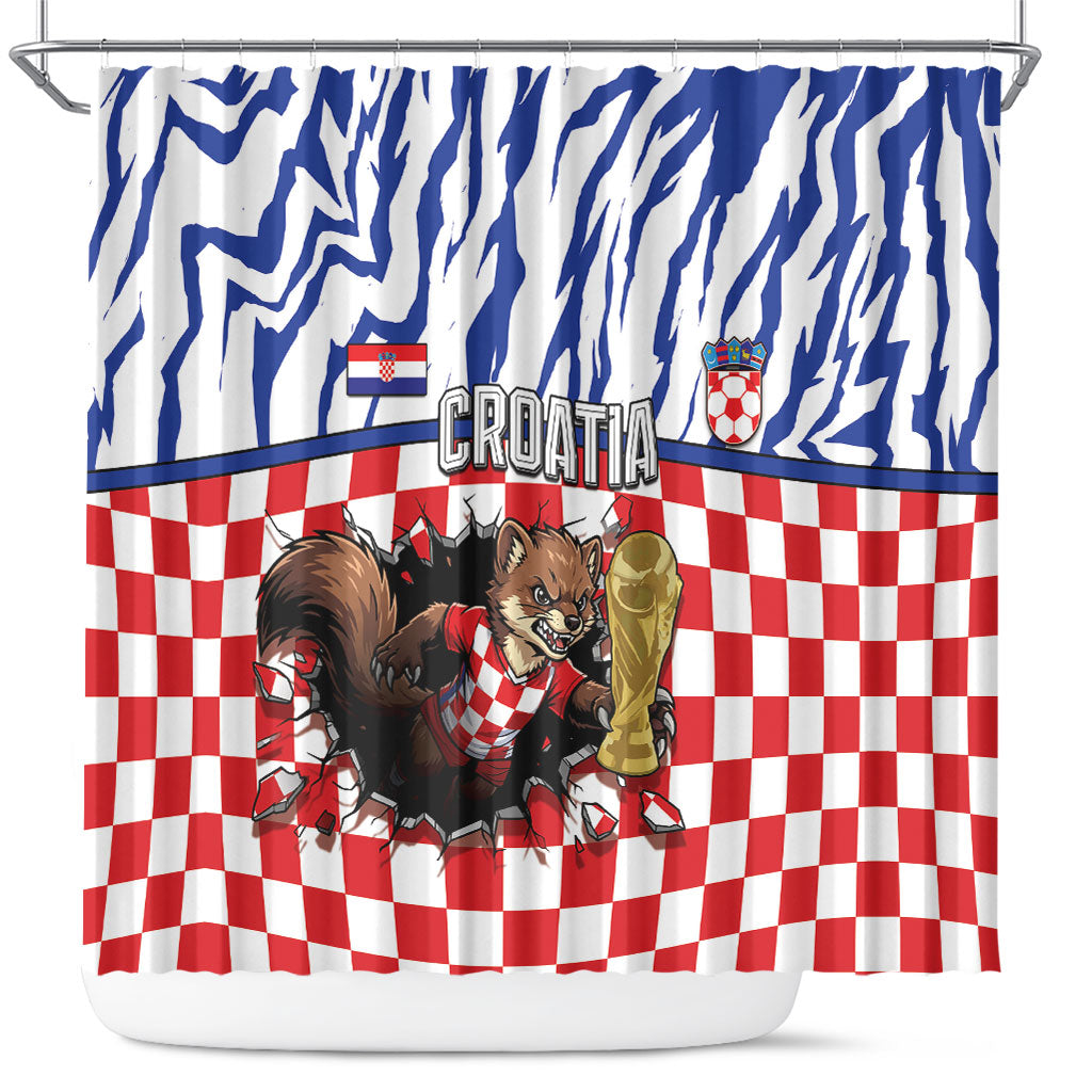 Croatia Football Shower Curtain Marten In Hole With Checkered Patterns