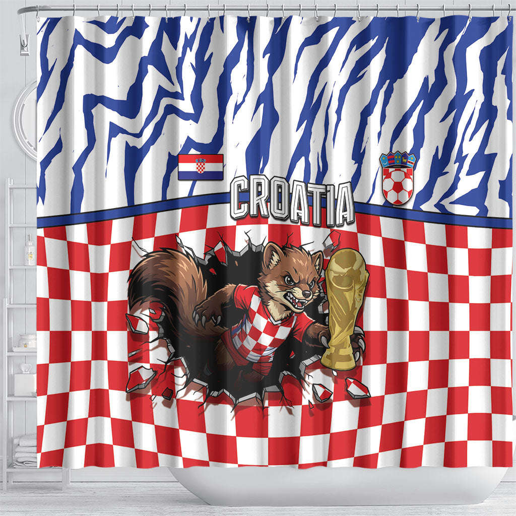 Croatia Football Shower Curtain Marten In Hole With Checkered Patterns
